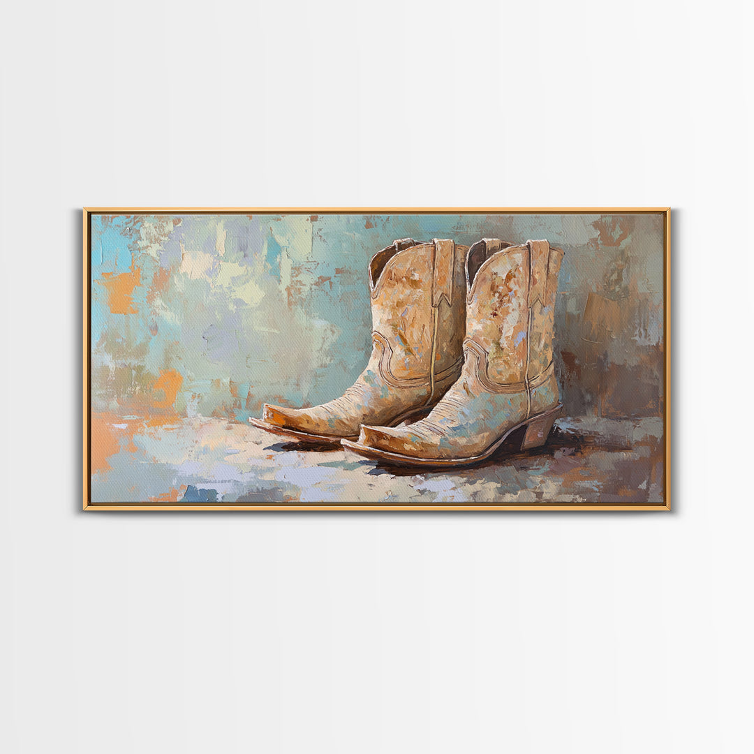 Weathered Cowboy Boots On Textured Blue Canvas Print, Western Wall Decor, Rustic Ranch Home Decor, Cowgirl Gift For Her Art