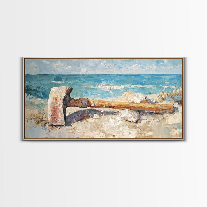 Weathered Axe On Sandy Beach Canvas Print, Coastal Wall Art, Nautical Home Decor, Rustic Seaside Ocean Landscape Gift For Him