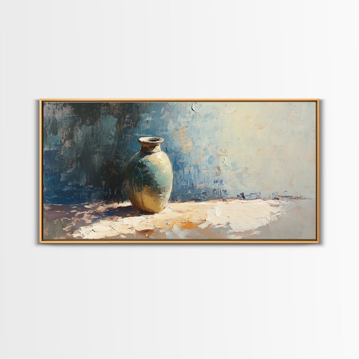 Single Ceramic Vase In Sunlit Blue Abstract Wall Art, Minimalist Home Decor, Still Life Painting, Modern Office Decor Gift