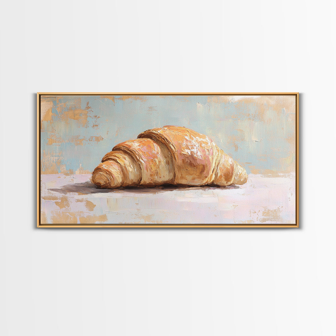 Golden Croissant On Pastel Table Canvas Print, French Bakery Wall Art, Kitchen Decor, Patisserie Print, Foodie Gift For Baker