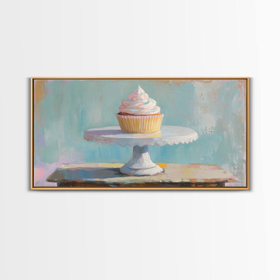 Pastel Cupcake On White Cake Stand Canvas Print, Cute Bakery Wall Art, Kitchen Decor, Dessert Art Print, Birthday Gift For Her