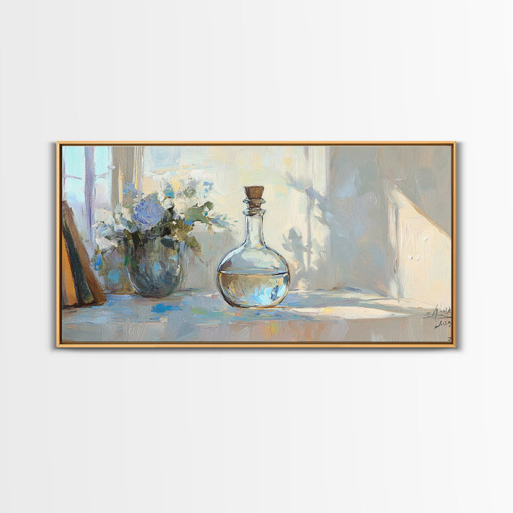 Sunlit Glass Decanter With Blue Flowers Framed Canvas Print, Impressionist Still Life, Neutral Home Decor, Dining Room Wall Art