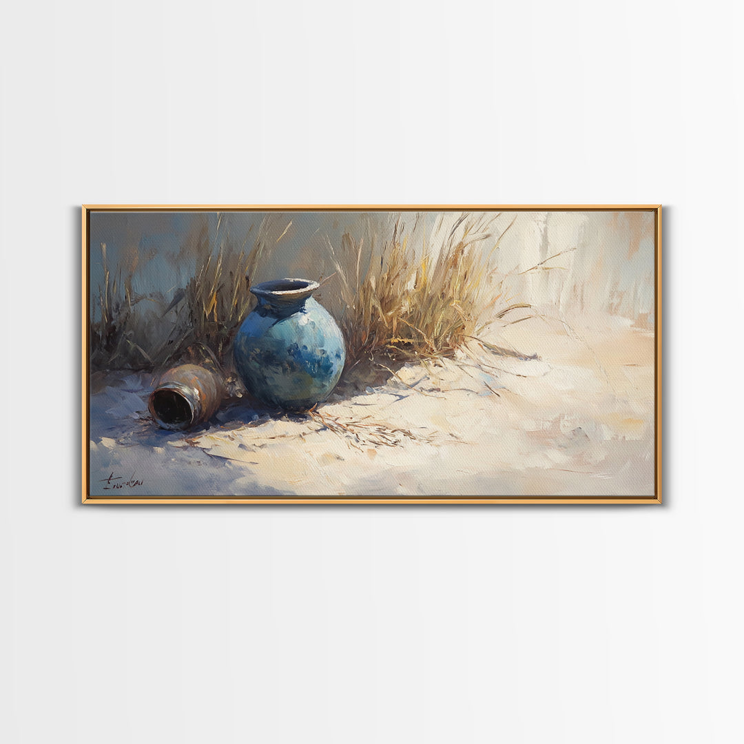 Blue Ceramic Vase In Sunlit Sand Wall Art, Coastal Still Life Canvas, Neutral Beach Decor, Rustic Home Decor, Housewarming Gift