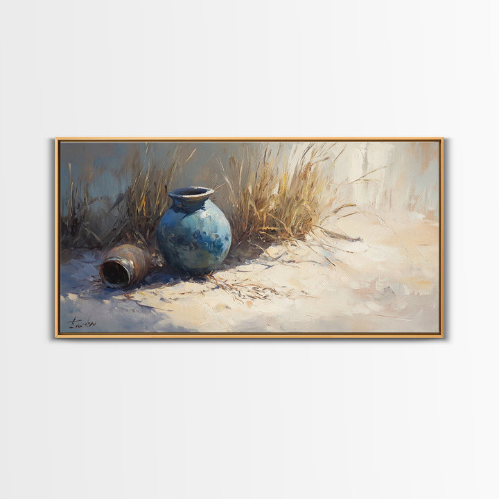 Blue Ceramic Vase In Sunlit Sand Wall Art, Coastal Still Life Canvas, Neutral Beach Decor, Rustic Home Decor, Housewarming Gift