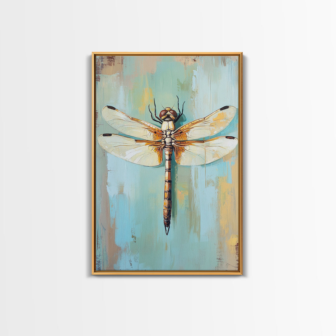 Golden Dragonfly Insect Nature Wall Art, Botanical Canvas Print, Garden Decor, Wildlife Art Print, Modern Nature Lover Gift