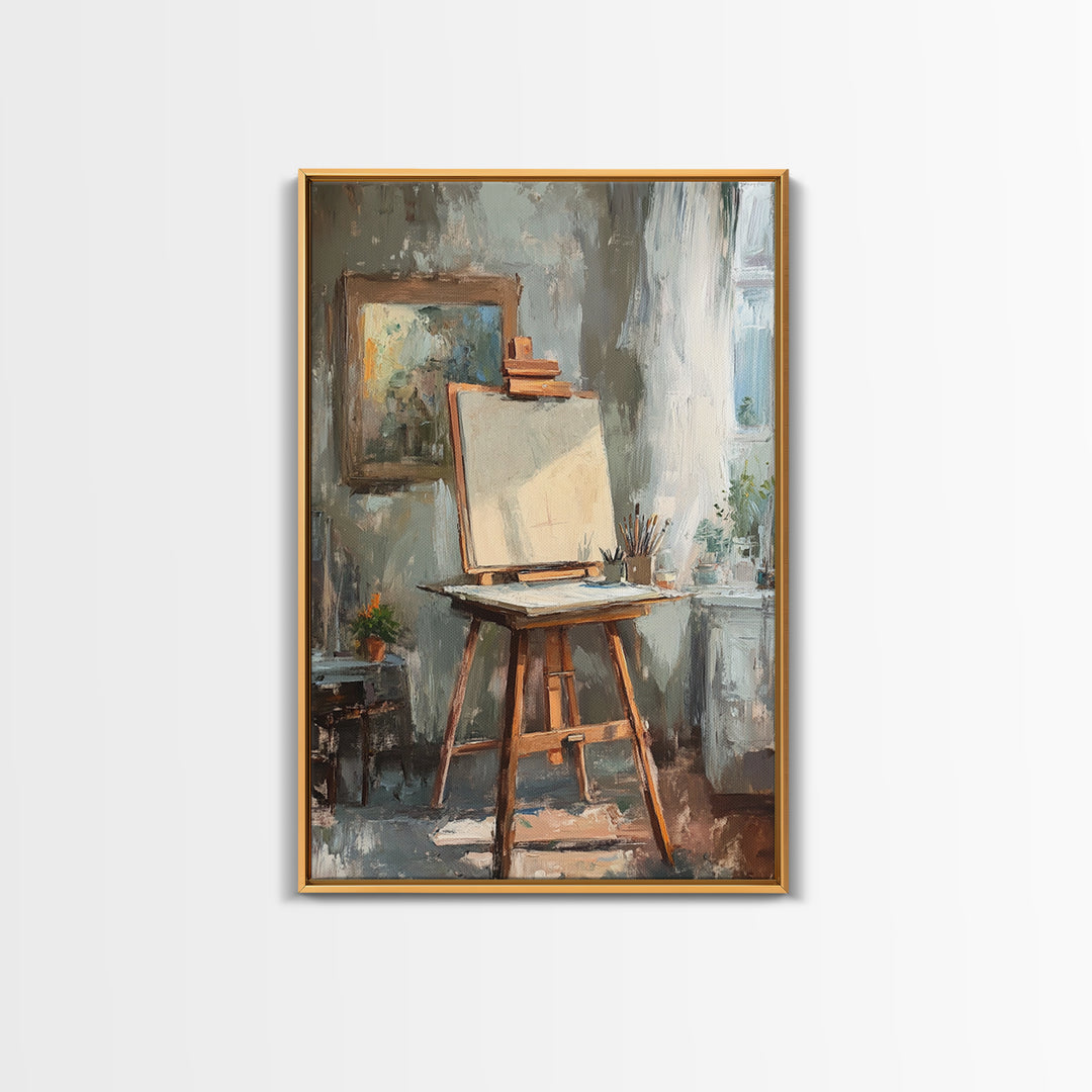 Sunlit Artist Studio Easel Framed Canvas Print, Office Wall Art, Creative Home Decor, Gift For Painter, Modern Wall Decor