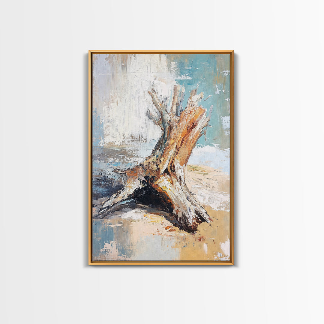 Textured Driftwood Stump On Sandy Shore Wall Art, Coastal Beach House Decor, Neutral Nature Print, Rustic Seaside Painting