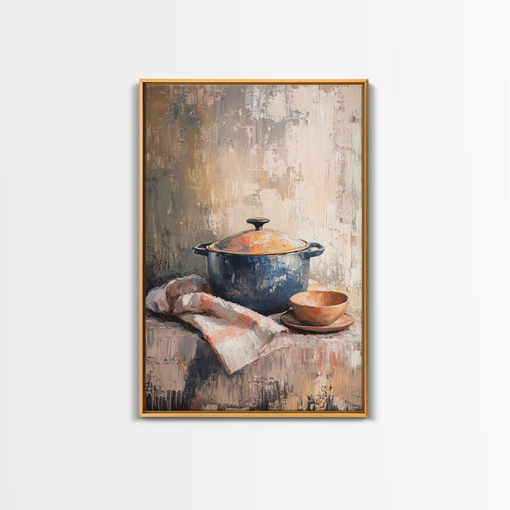 Blue Dutch Oven With Bread And Bowl Framed Canvas Print, Rustic Kitchen Wall Art, Farmhouse Decor, Cozy Still Life Painting