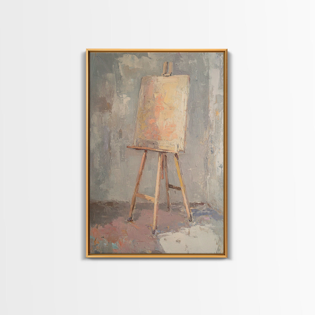 Empty Easel With Textured Blank Canvas Wall Art, Artist Studio Decor, Minimalist Neutral Art Print, Creative Office Gift