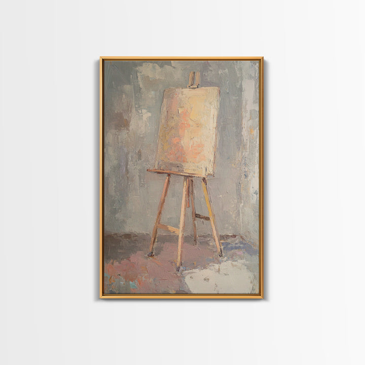 Empty Easel With Textured Blank Canvas Wall Art, Artist Studio Decor, Minimalist Neutral Art Print, Creative Office Gift