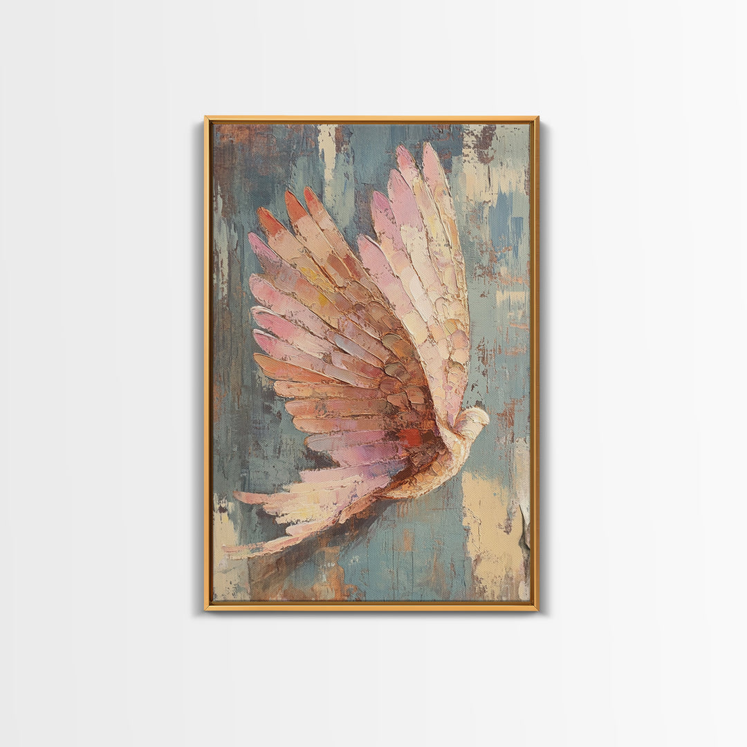 Pastel Dove In Flight With Textured Wings Wall Art, Peaceful Bird Painting, Spiritual Home Decor, Nursery Or Living Room Print