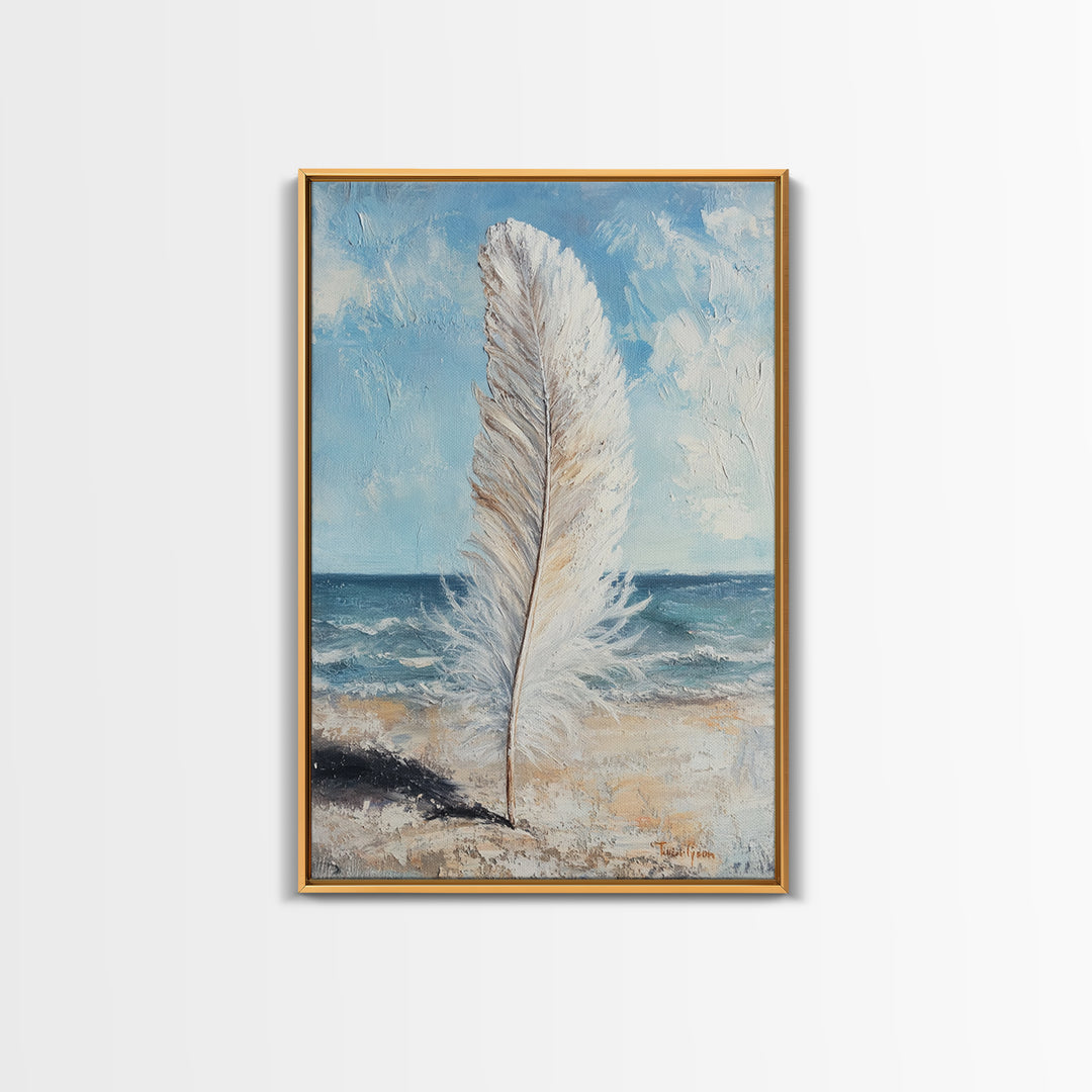 White Feather On Ocean Shore Canvas Print, Coastal Beach Wall Art, Serene Seascape Painting For Calm Bedroom And Beach House Decor