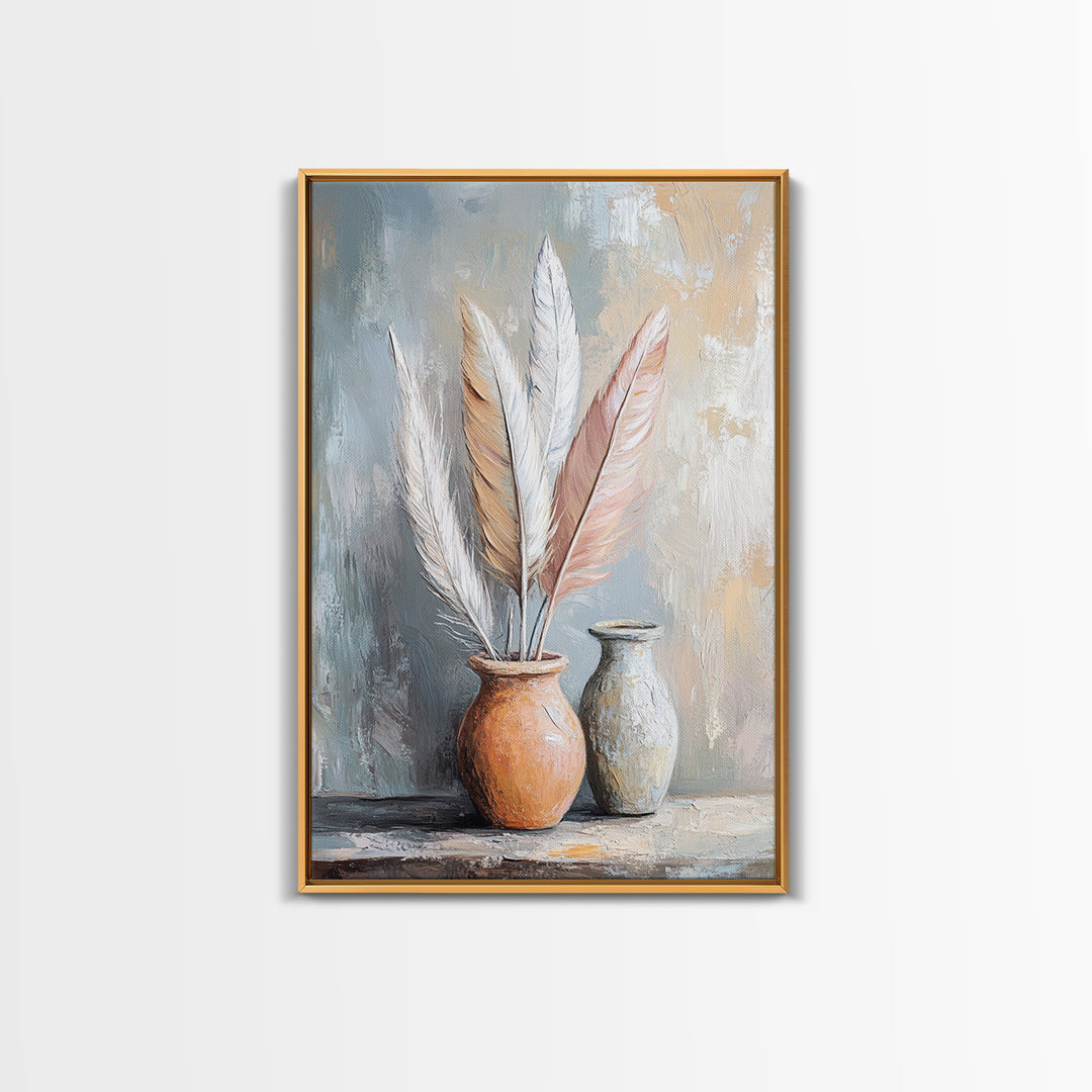 Soft Neutral Feathers In Ceramic Vases Framed Canvas Print, Boho Coastal Wall Art, Japandi Living Room Decor Gift For Bedroom