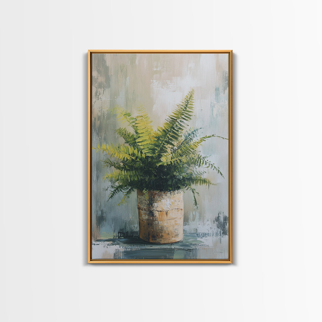 Green Fern In Rustic Pot Canvas Print, Botanical Wall Art, Neutral Plant Painting For Japandi Modern Home Decor Gift For Living Room