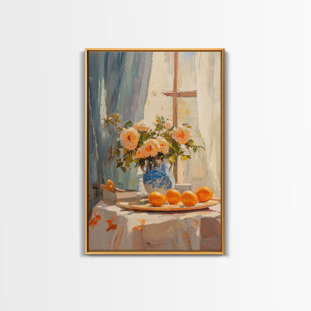 Peach Roses And Oranges By Window Framed Canvas Print, Kitchen Wall Art, French Country Decor, Floral Still Life Gift For Her