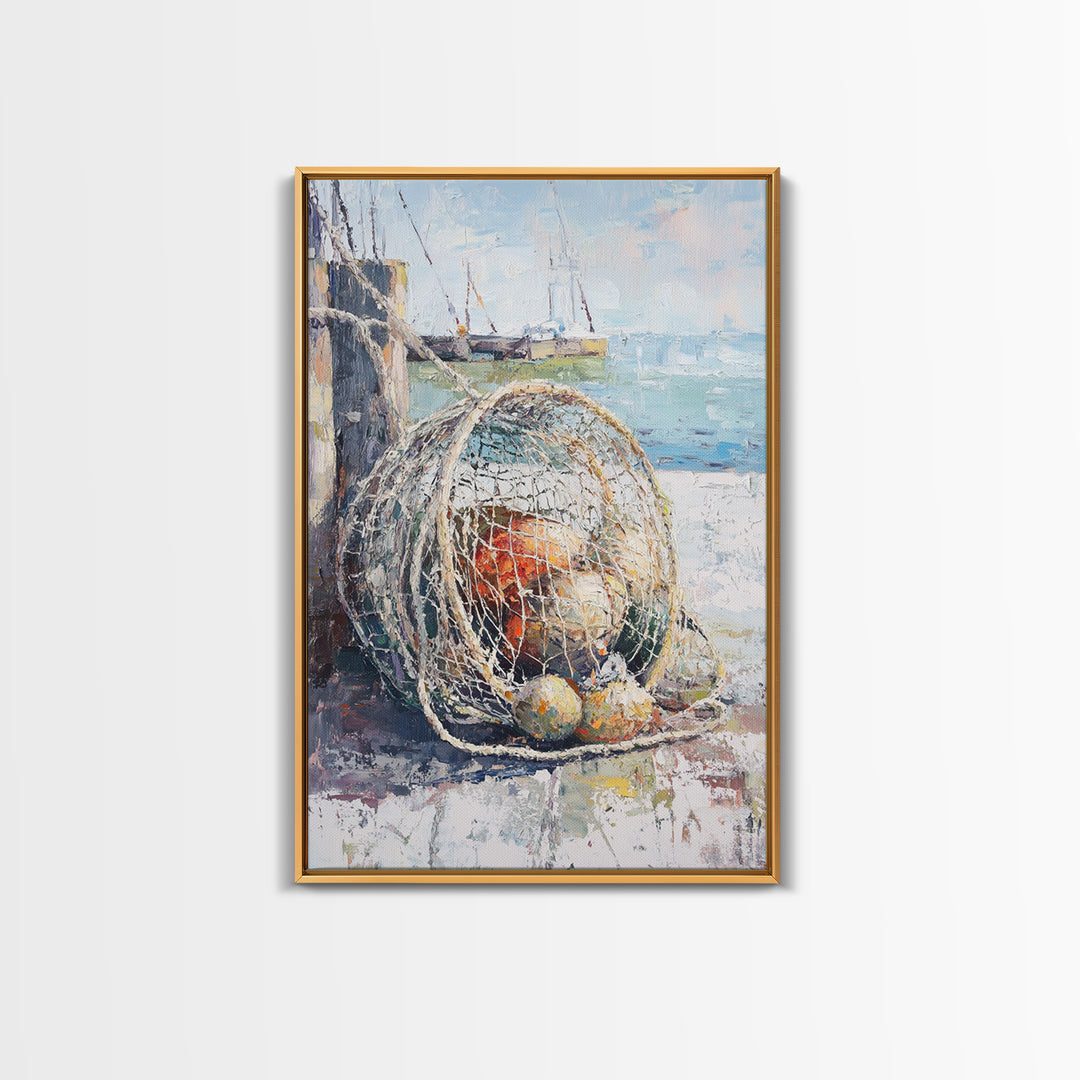 Fishing Net And Buoys By Harbor Wall Art, Coastal Wall Decor, Nautical Canvas Print, Beach House Decor, Ocean Art, Gift For Him