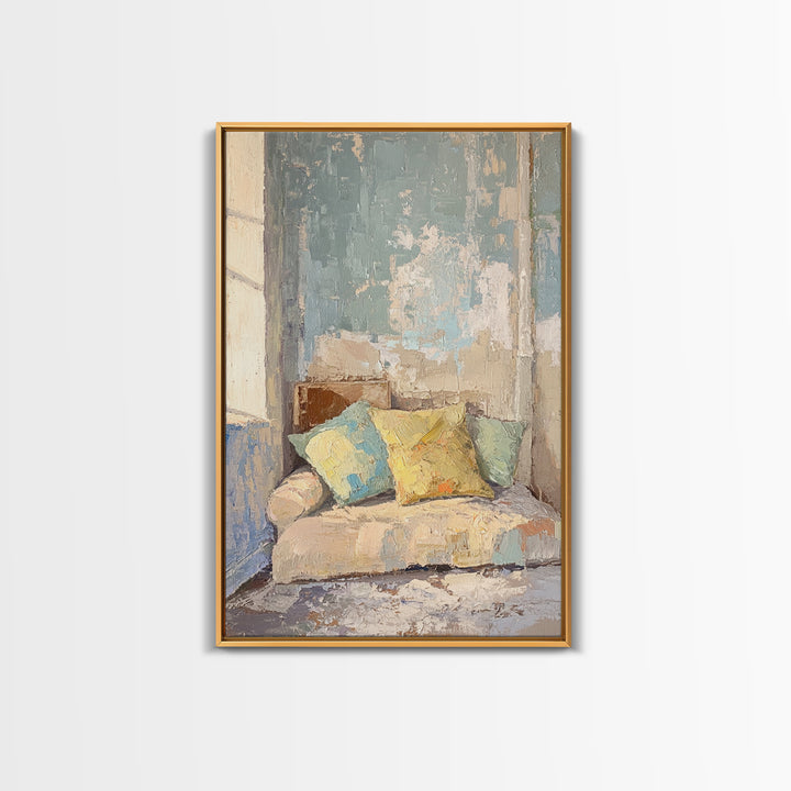 Sunlit Sofa With Pastel Pillows Wall Art, Cozy Bedroom Decor, Neutral Living Room Art, Apartment Decor, Housewarming Gift