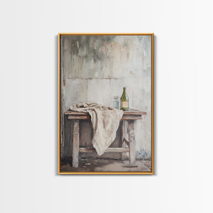 Rustic Wine Bottle And Linen On Weathered Table Framed Canvas Print, Neutral Farmhouse Kitchen Wall Decor Gift For New Home