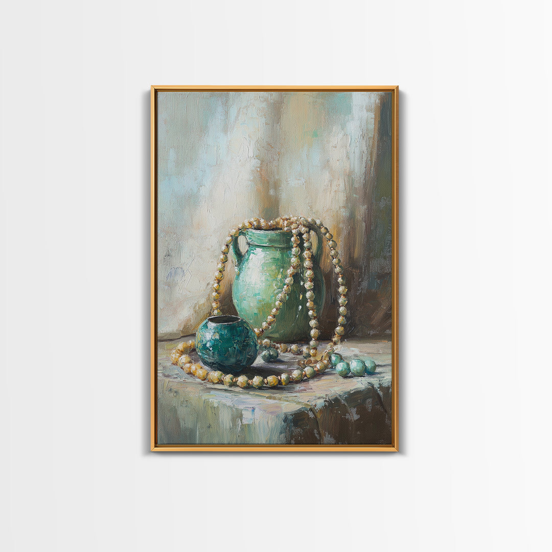 Turquoise Vases With Pearl Beads Still Life Wall Art, Elegant Framed Canvas Print For Bedroom Office Decor Gift For Her