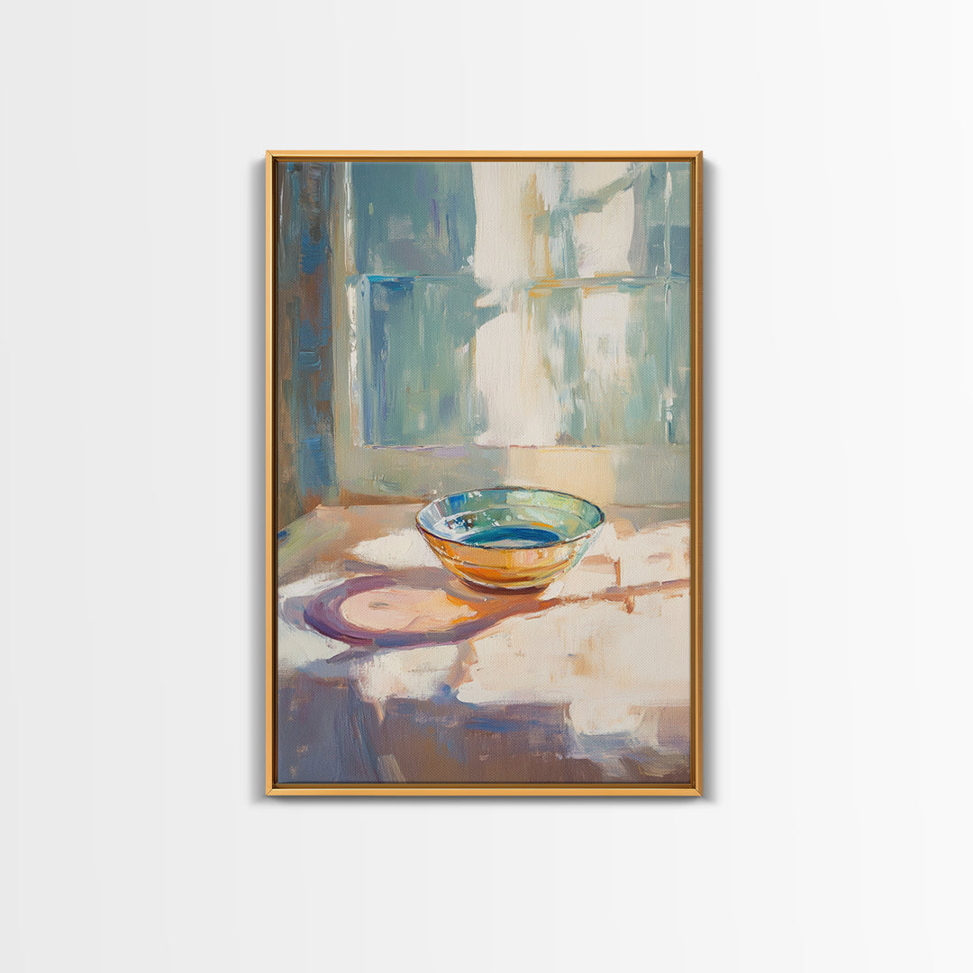 Sunlit Glass Bowl By Window Wall Art, Minimalist Still Life Print, Soft Blue Kitchen Decor, Modern Coastal Home Decor Gift
