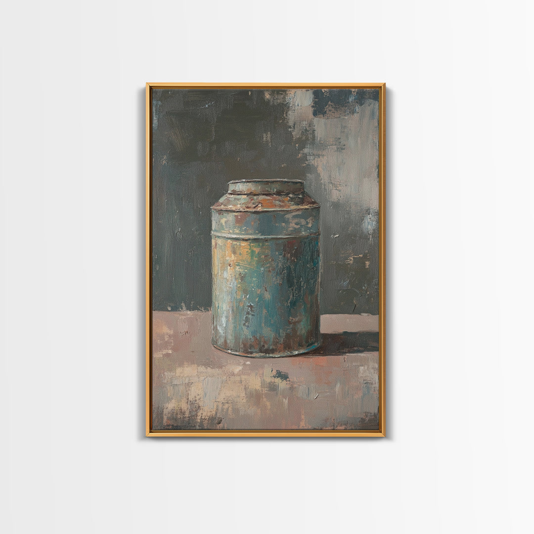 Rustic Blue Tin Can Still Life Canvas Print, Wabi Sabi Wall Art, Industrial Farmhouse Decor, Neutral Kitchen Print Home Decor