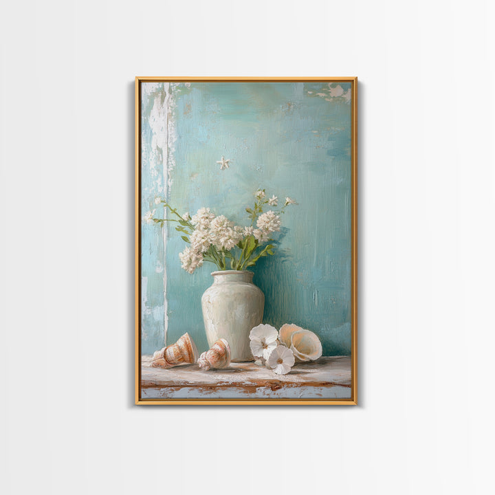 White Hydrangea Vase With Seashells Framed Canvas Print, Coastal Wall Art, Beach House Decor, Soft Neutral Home Decor, Bathroom Wall Decor