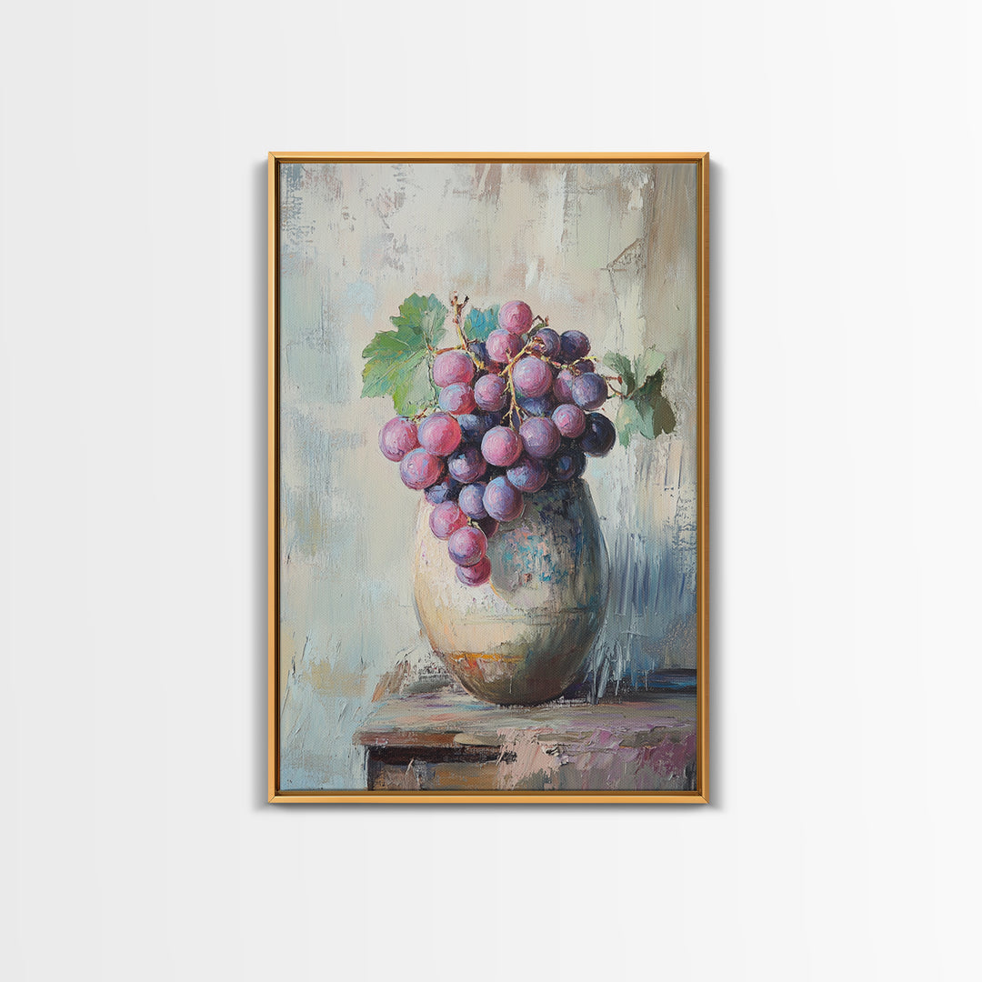 Purple Grapes In Rustic Ceramic Vase Wall Art, Vineyard Still Life Oil Painting, Wine Kitchen Decor, Farmhouse Canvas Print