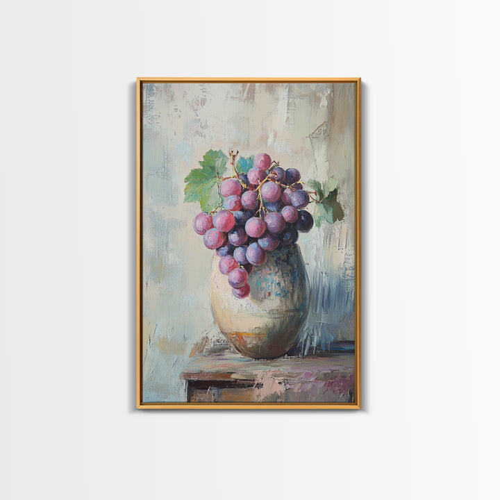 Purple Grapes In Rustic Ceramic Vase Wall Art, Vineyard Still Life Oil Painting, Wine Kitchen Decor, Farmhouse Canvas Print