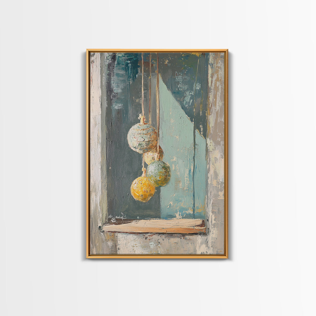 Hanging Textured Ornaments Canvas Print, Rustic Window Still Life, Boho Wall Decor, Neutral Modern Farmhouse Home Decor Art