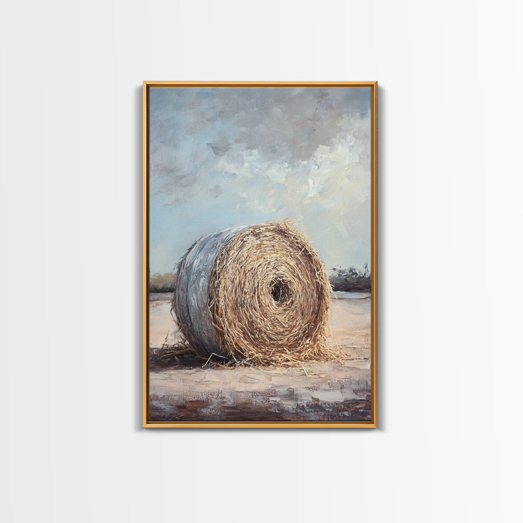 Round Hay Bale Field Wall Art, Rustic Farmhouse Landscape Painting, Country Home Decor, Neutral Large Canvas Print Gift For Her