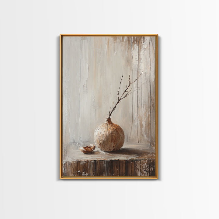 Minimal Onion Still Life Canvas Print, Neutral Kitchen Wall Art, Rustic Farmhouse Decor, Contemporary Vegetable Art Print