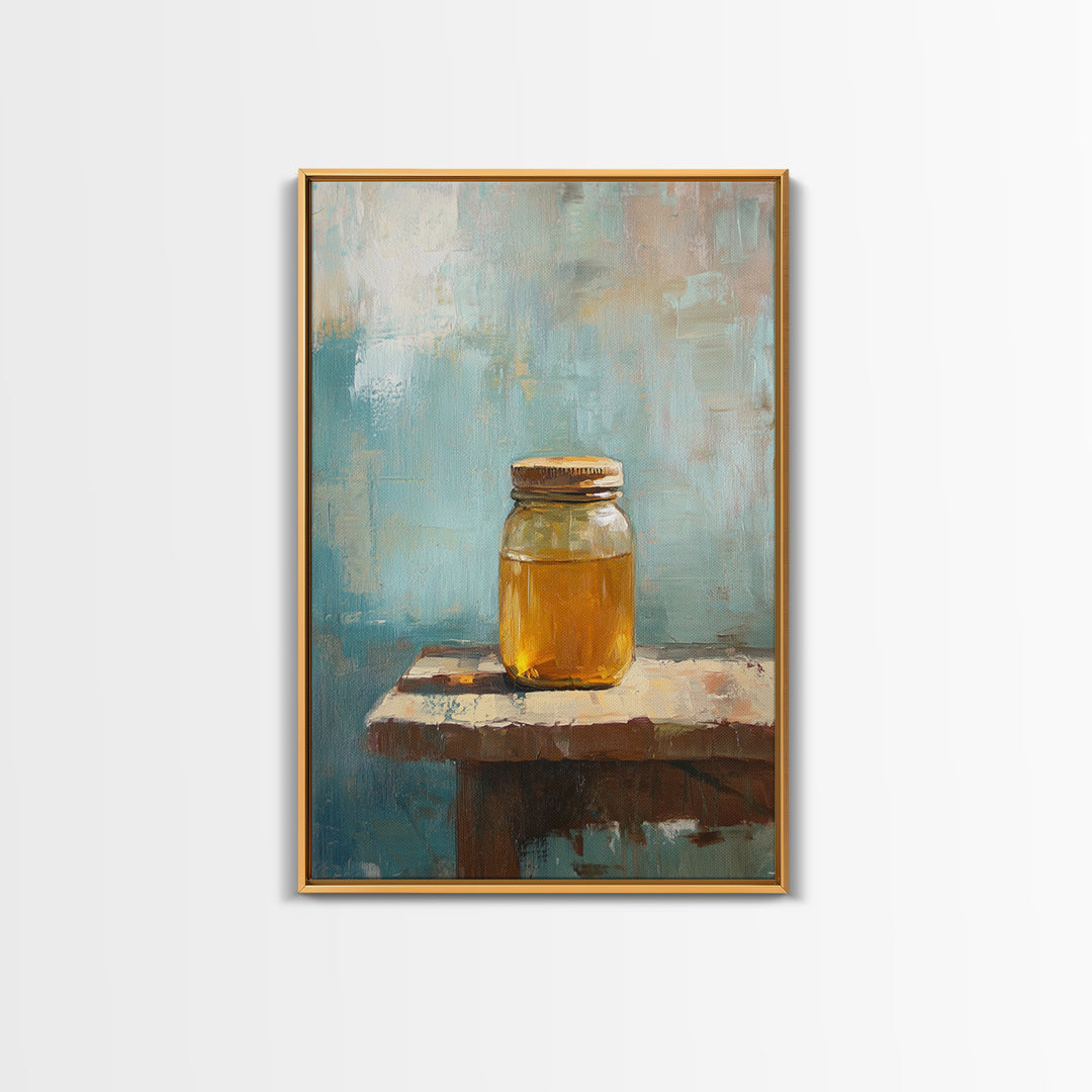 Golden Honey Jar Canvas Print, Rustic Kitchen Wall Art, Farmhouse Still Life Decor, Bee Lover Gift, Modern Home Decor Art