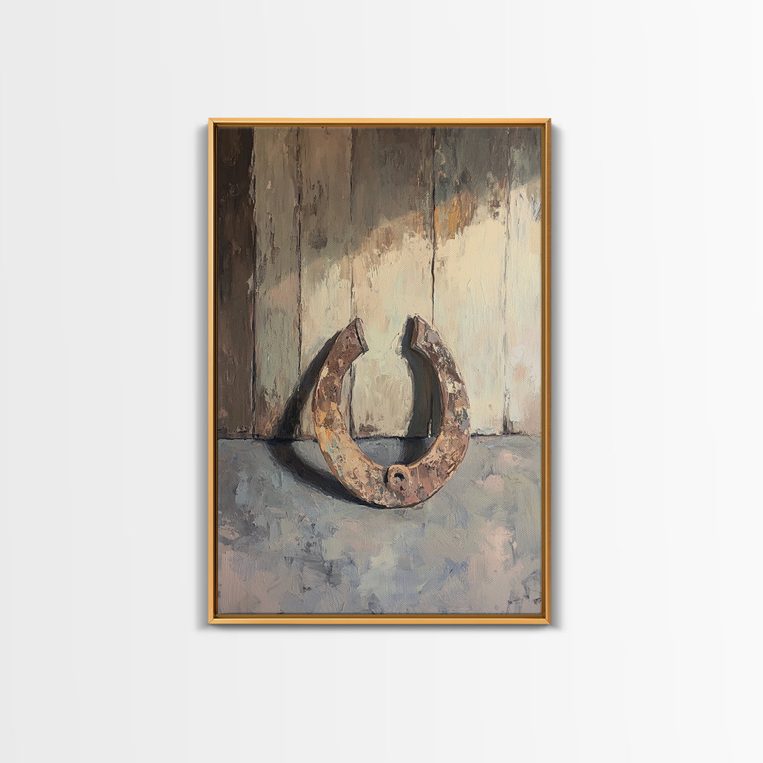 Rusty Horseshoe Still Life Wall Art, Western Farmhouse Decor, Rustic Country Canvas Print, Horse Lover Gift For Him Man Cave Decor