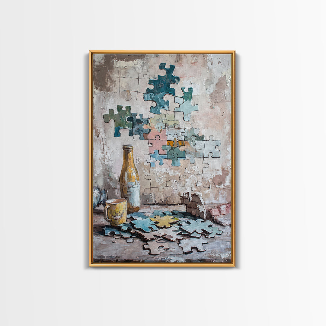 Puzzle Pieces And Bottle Still Life Canvas Print, Whimsical Wall Art, Game Room Decor, Eclectic Wall Art, Unique Gift, Living Room Decor