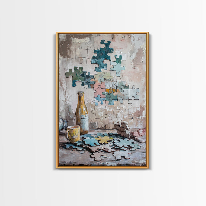 Puzzle Pieces And Bottle Still Life Canvas Print, Whimsical Wall Art, Game Room Decor, Eclectic Wall Art, Unique Gift, Living Room Decor