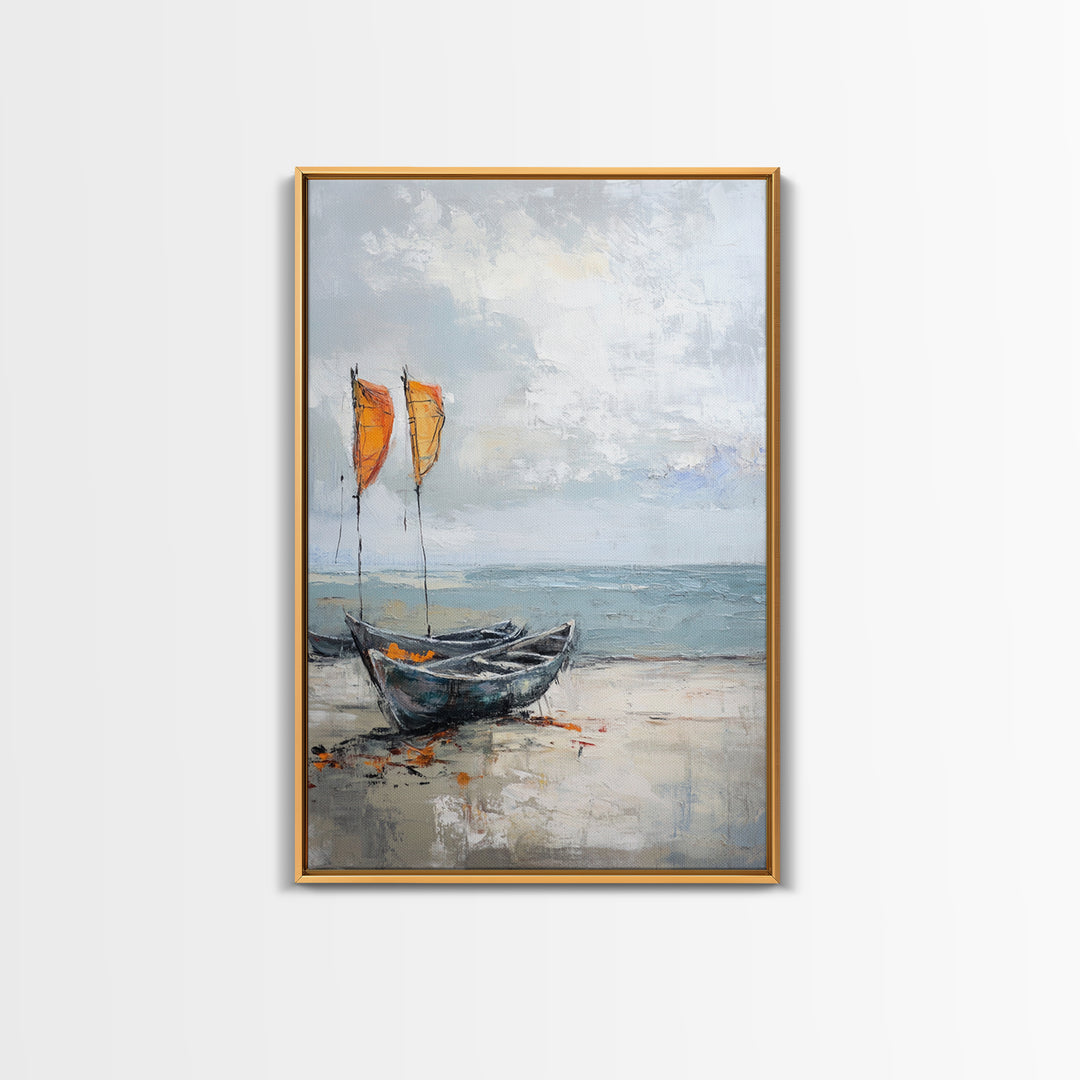 Orange Sailboats On Misty Beach Framed Canvas Print, Coastal Wall Art, Nautical Decor, Ocean Seascape Beach House Gift For Him