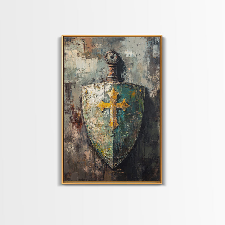 Medieval Shield And Sword Wall Art, Gothic Framed Canvas Print, Fantasy Decor, Knight Armor Gift For Him Home Office Man Cave Decor