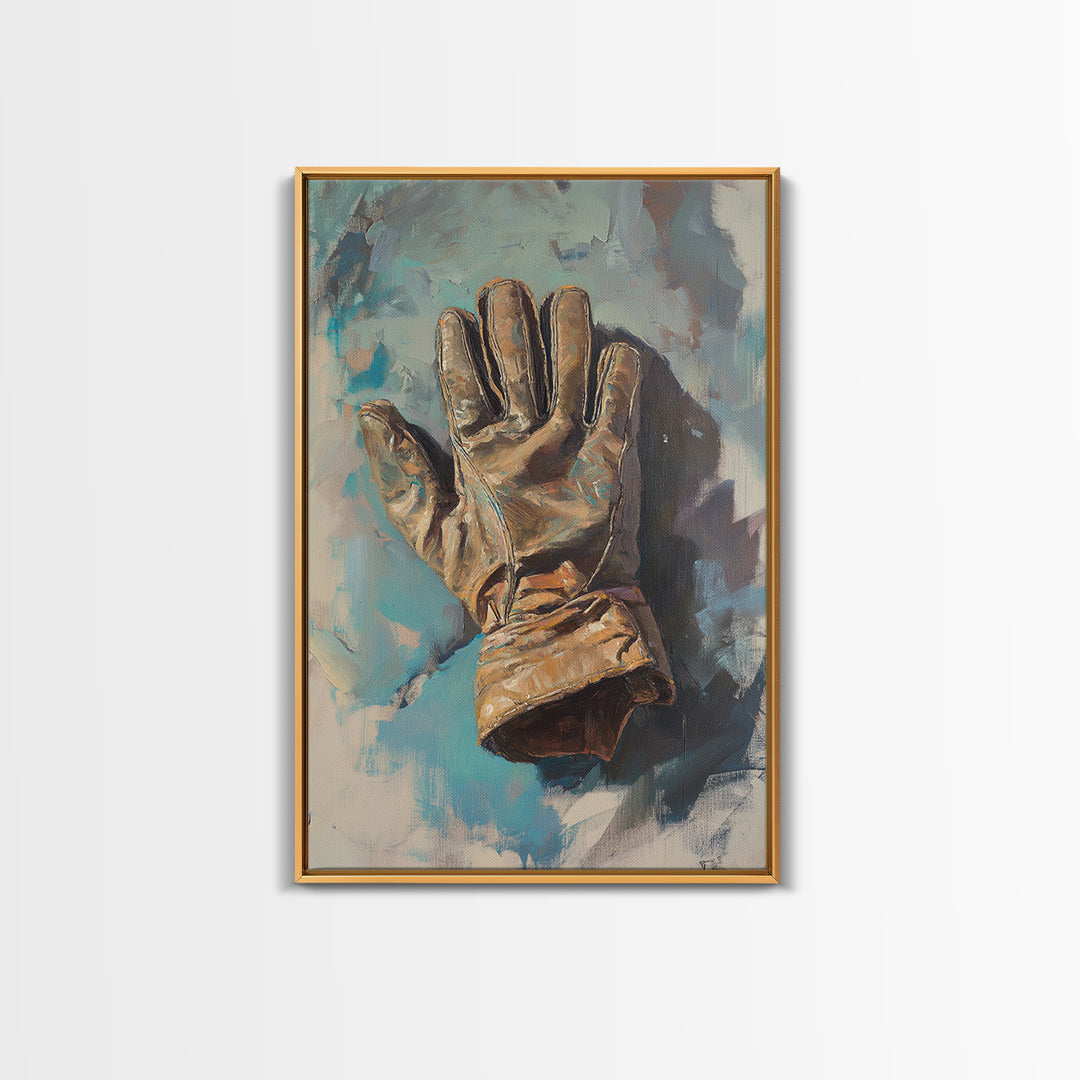 Weathered Leather Work Glove Framed Canvas Print, Rustic Masculine Wall Art, Farmhouse Office Decor, Industrial Decor, Gift For Him