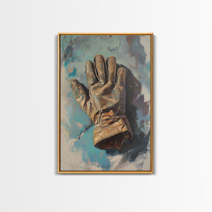 Weathered Leather Work Glove Framed Canvas Print, Rustic Masculine Wall Art, Farmhouse Office Decor, Industrial Decor, Gift For Him