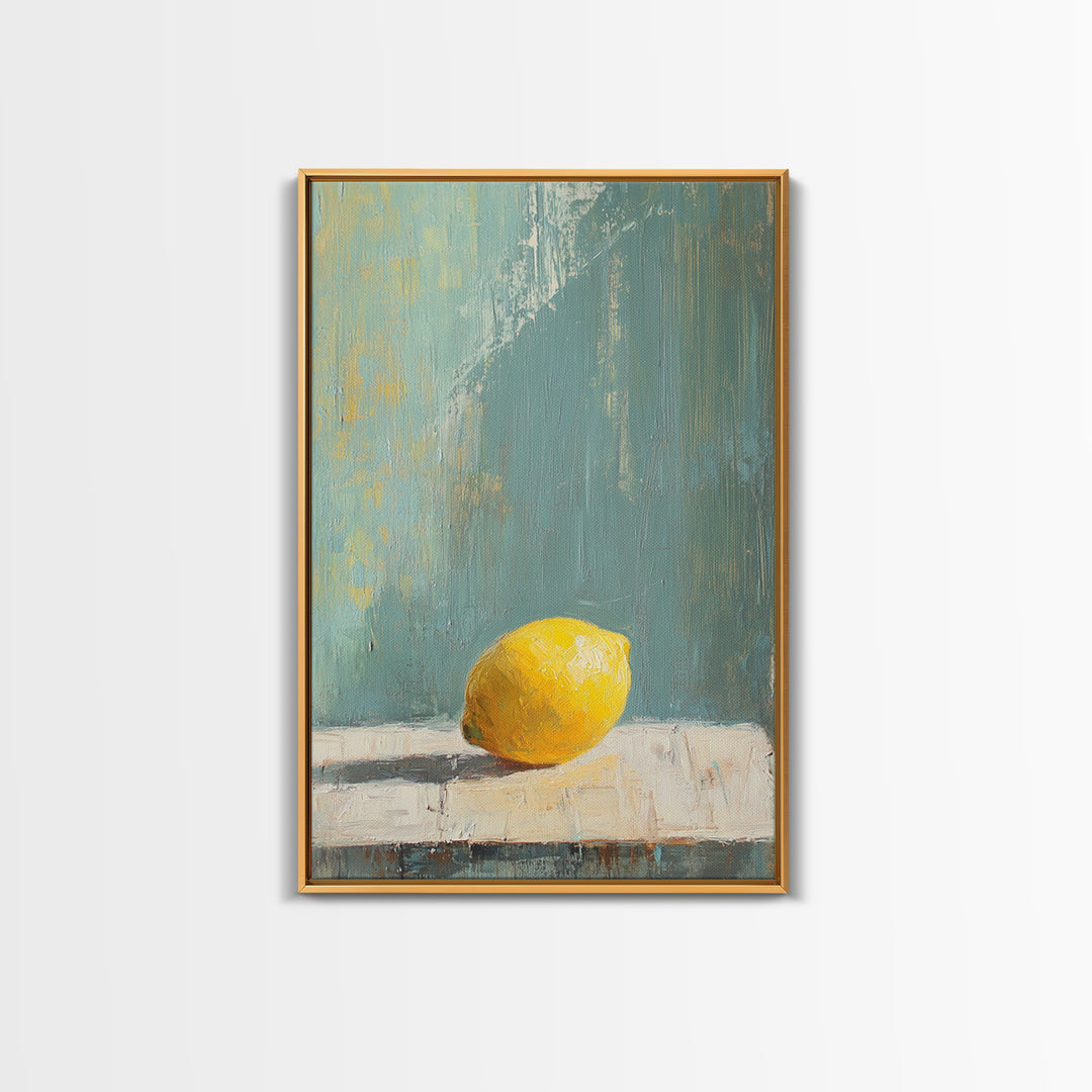 Single Yellow Lemon Still Life Wall Art, Minimalist Kitchen Decor, Neutral Canvas Wall Art, Rustic Farmhouse Art Print Gift