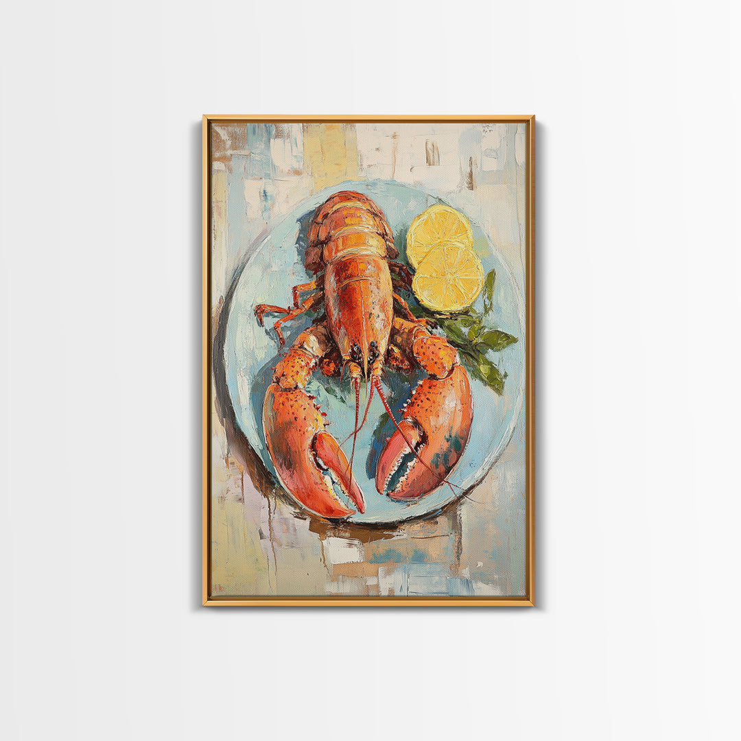 Red Lobster With Lemon Seafood Wall Art, Coastal Kitchen Decor, Nautical Canvas Print, Beach House Decor Gift For Food Lover