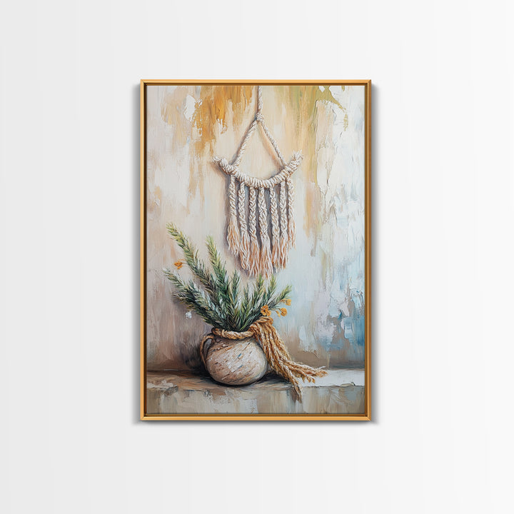Macrame Hanging With Potted Greenery Wall Art, Boho Wall Decor, Neutral Rustic Home Decor, Wabi Sabi Housewarming Gift For Her