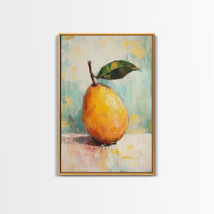 Golden Pear With Green Leaf Wall Art, Textured Fruit Still Life Oil Painting, Kitchen Wall Art, Farmhouse Home Decor, Dining Room Print