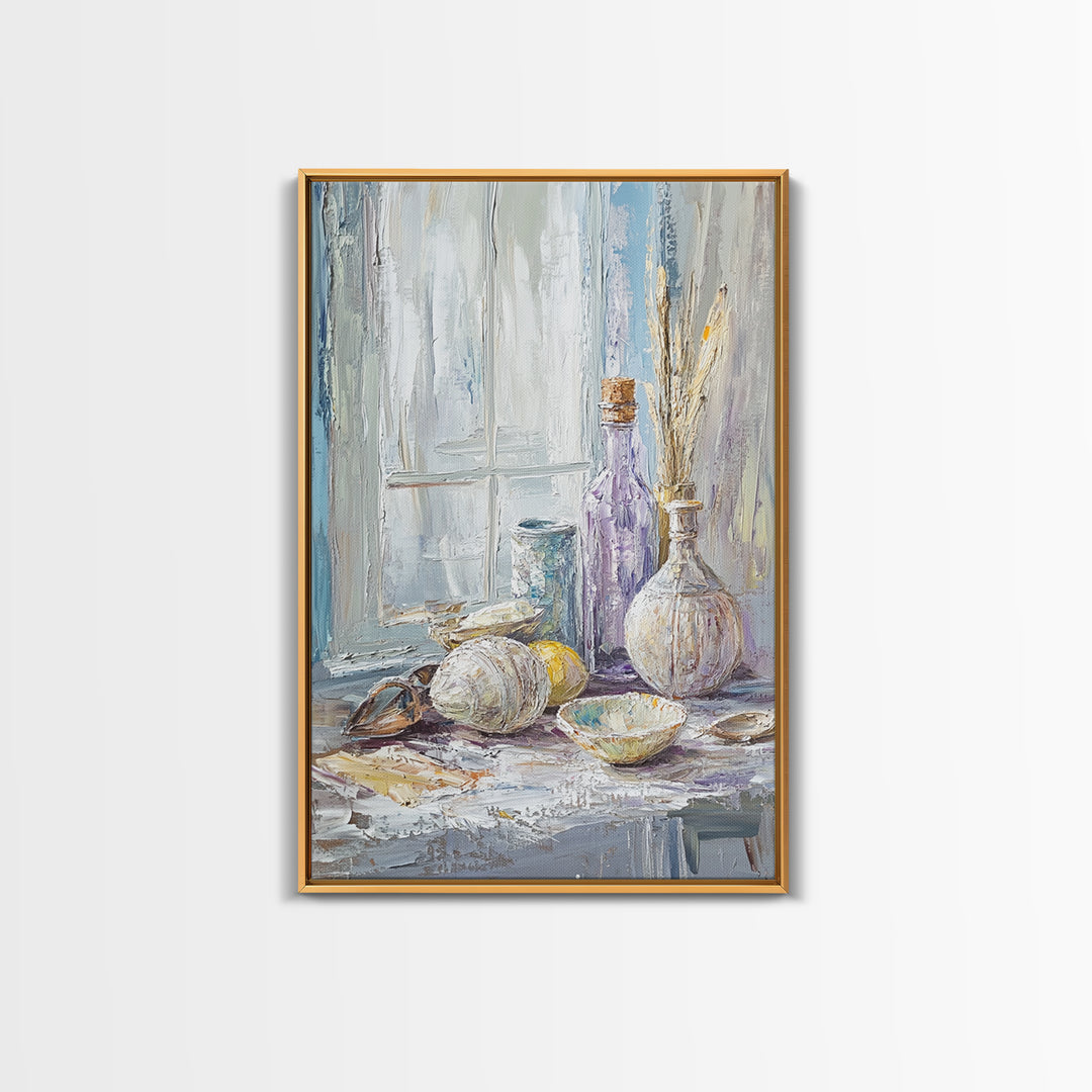 Seashells And Purple Bottle By Window Wall Art, Coastal Still Life Oil Painting, Beach House Decor, Neutral Wall Decor, Bathroom Art