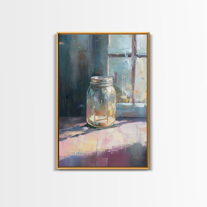 Sunlit Mason Jar On Windowsill Canvas Print, Minimalist Still Life Oil Painting, Rustic Kitchen Decor, Farmhouse Wall Art