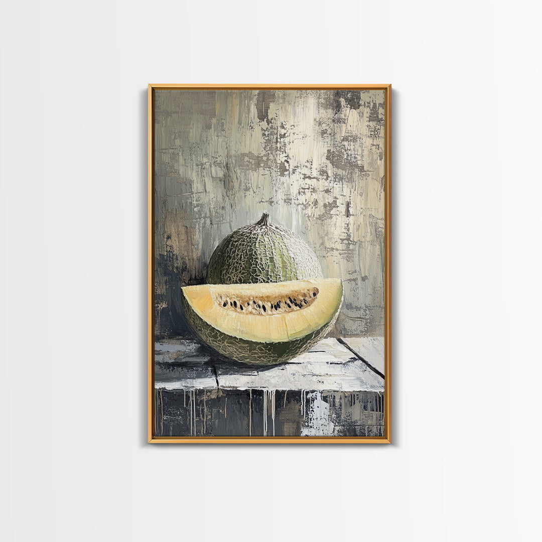 Cantaloupe Melon Still Life Wall Art, Rustic Kitchen Decor, Fruit Painting Print, Farmhouse Dining Room Art For Home Decor