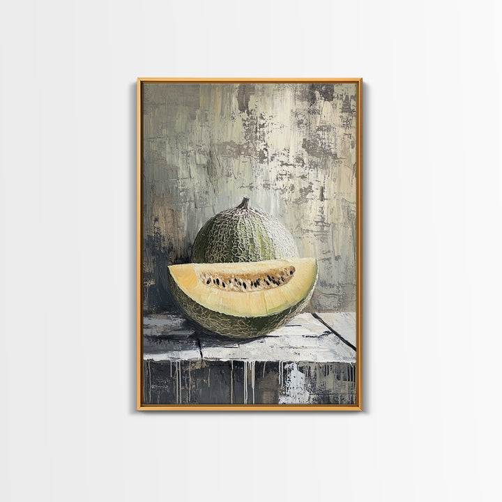 Cantaloupe Melon Still Life Wall Art, Rustic Kitchen Decor, Fruit Painting Print, Farmhouse Dining Room Art For Home Decor