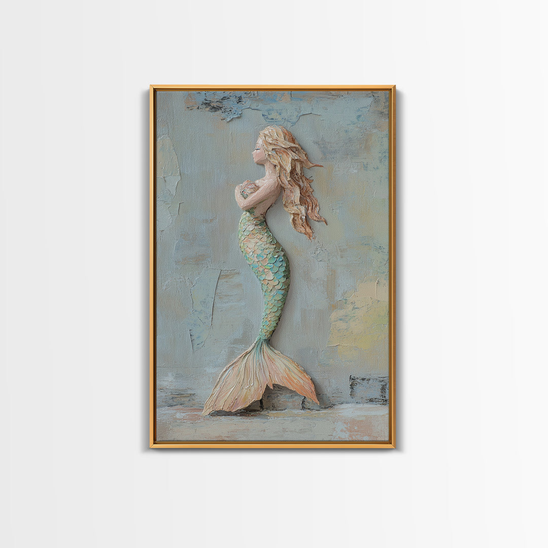 Textured Mermaid Figure Wall Art, Coastal Fantasy Decor, Nautical Canvas Print, Whimsical Ocean Art, Beach House Decor Gift