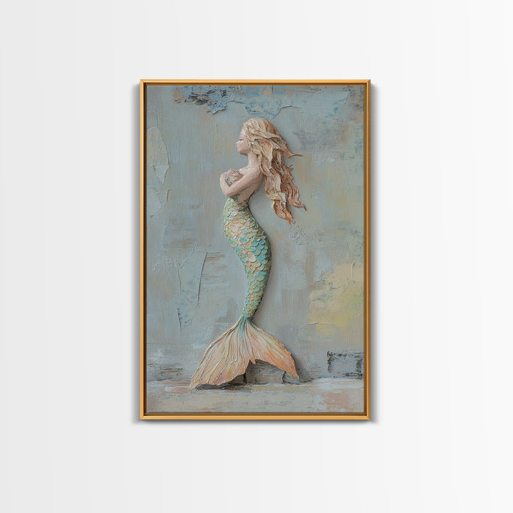 Textured Mermaid Figure Wall Art, Coastal Fantasy Decor, Nautical Canvas Print, Whimsical Ocean Art, Beach House Decor Gift