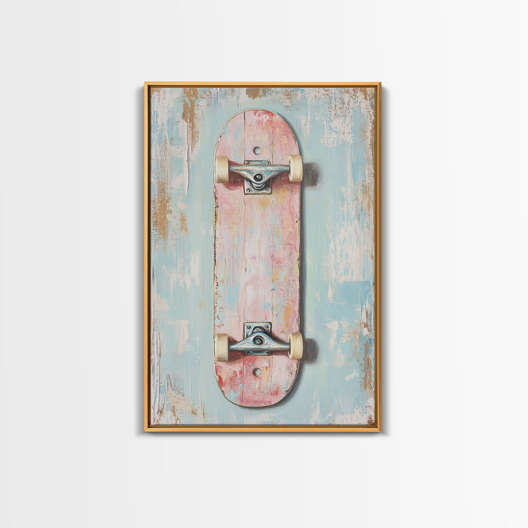 Pastel Pink Skateboard On Distressed Blue Wall Art, Retro Sport Decor, Skater Gift, Trendy Canvas Print For Kids Room Decor